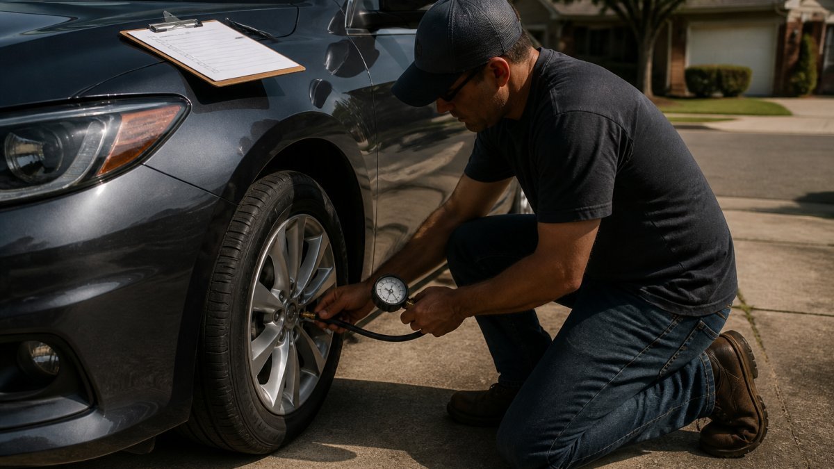 A person in casual work clothes kneeling beside a car in a driveway, checking tire pressure with a gauge while a clipboard with a checklist rests on the hood. ### Tires, Brakes, and Fluids Tires carry the whole trip. Check pressure on every tire including the spare, and look at tread depth and sidewalls for cracks or bulges. Weak tires overheat fast under load on a tow vehicle, and soft tires can flat-spot or blow out on a trailer. Brakes matter on both ends, check pads, rotors, and shoes, and confirm trailer brakes actually engage. Fluids keep everything cool and lubricated: - Engine oil: top off to the full mark - Transmission fluid: check level and color - Brake fluid: look for dark or low fluid ### Lights, Wiring, and Battery Trailer wiring fails more often than people expect. Test every light before you roll. - Turn signals on both sides - Brake lights - Running lights Check the battery terminals for corrosion. A loose or dirty connection can kill your lights mid-trip. For the towed car, a weak battery can drain while it sits on the trailer. :::warning Do not skip the wiring test. A dead trailer light is a safety hazard and can get you pulled over on the Turner Turnpike. Test everything with the trailer connected, not just the car alone. ::: ## Step 3: Know What to Remove From a Car Before Towing Knowing what to remove from a car before towing protects your vehicle and everyone on the road. Most guides say "remove loose items" and stop there, which is not enough for a long-distance tow. Here is the version we walk Tulsa drivers through. Securing the interior prevents damage during transit, a principle that remains just as critical when you expand your long-distance move preparation to include the rest of your household belongings. ### Start With Anything Loose Loose items shift under braking and cornering. On a towed car they can slide into interior panels or out an open window; on a tow vehicle they become projectiles if you stop hard. - Remove loose cargo, tools, and gym bags from the trunk and cabin - Take out phone mounts, dash cams, and radar detectors, suction cups fail in heat and the cords dangle - Empty the center console and glove box of valuables, registration, and insurance cards you will need at the other end ### Then Do the Weight Math Every pound in the car counts against your payload capacity and, if the car is on a trailer, against your tongue weight and trailer gross weight. - Find your payload capacity on the driver's door jamb sticker. It is the number after "The combined weight of occupants and cargo should never exceed." - Subtract the weight of every passenger, pet, and item you are keeping in the car. - If the car is being towed on a trailer, that remaining weight still adds to the trailer load, check it against the trailer's gross vehicle weight rating. A common pattern we see: a driver loads a trunk full of tools, adds a cooler and two passengers, and is over payload before the trailer is even hooked up. ### Items That Should Stay Do not strip the car bare. Some things need to stay for safety and legal reasons: - Spare tire, jack, and lug wrench, you may need them at a fuel stop - Owner's manual, it has the towability and fluid specs - Registration and proof of insurance, you will be asked for them :::takeaway Lighter loads are easier to control, stop faster, and put less strain on your brakes and transmission. When in doubt, take it out, but keep the safety and legal items you will actually need on the road. ### A Note for Tulsa Drivers Heading Out of Town If you are leaving from midtown, Broken Arrow, or Owasso and heading out I-44 or the Creek Turnpike, do your weight math in the driveway, not at the on-ramp. Once you are loaded and rolling, it is too late to rebalance. If you are not sure your setup is within limits, call a local towing company and ask before you commit to the trip. ## Step 4: Preparing an Electric Vehicle for Towing Preparing an electric vehicle for towing takes a different approach than a gas car. Never flat tow a Tesla or most other EVs. The safe method is [flatbed towing