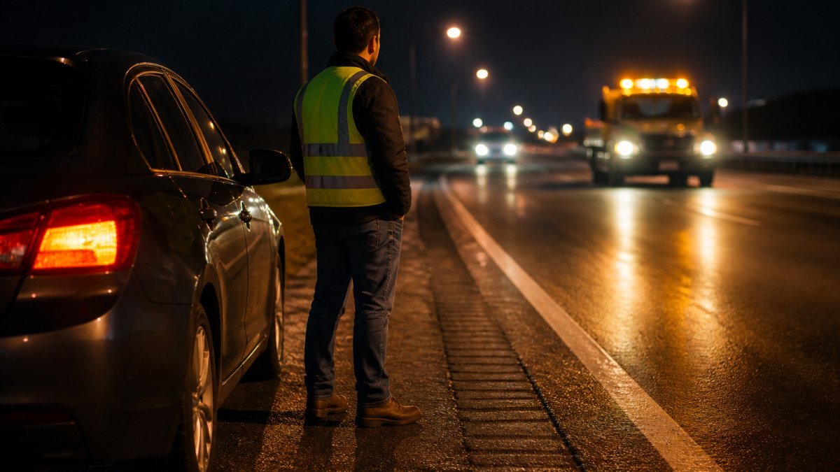 Driver in a reflective vest waiting on a highway shoulder as a tow truck approaches, one of the things to check before