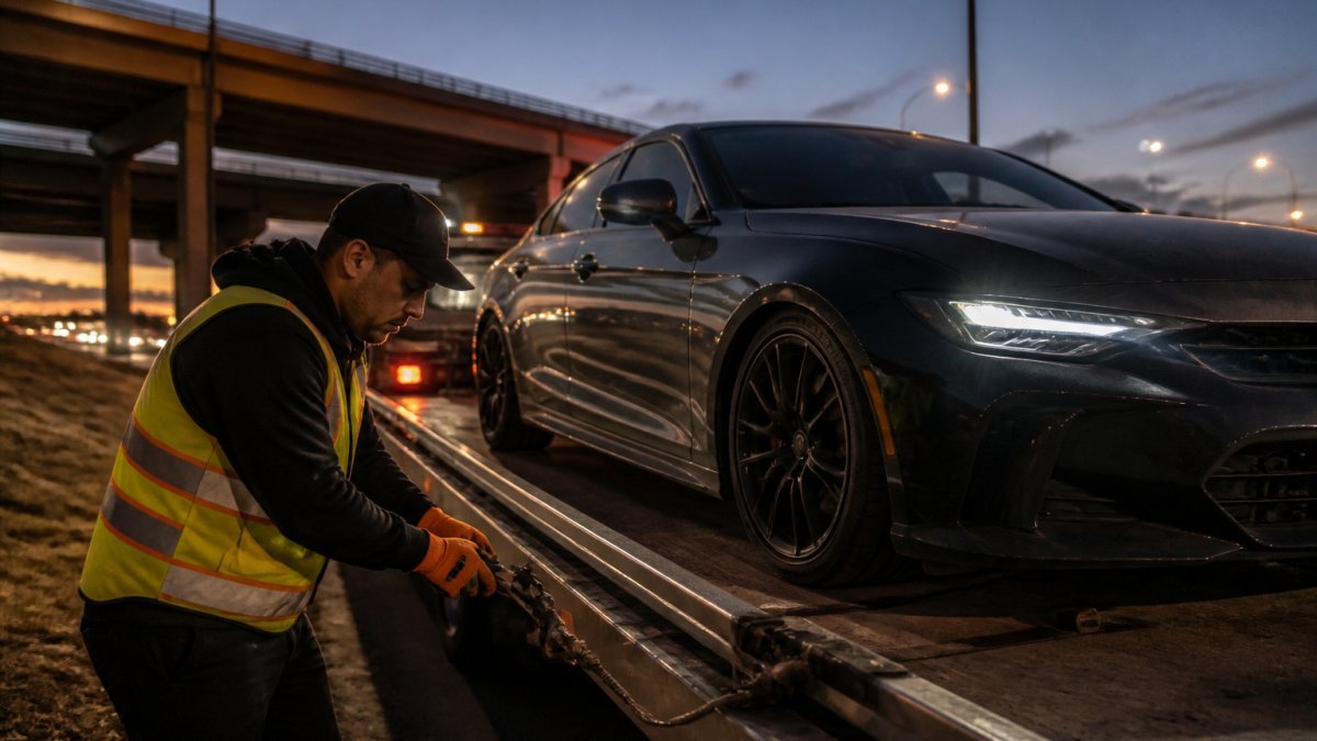 A flatbed tow truck operator in a safety vest carefully winching a low-clearance sedan onto the deck at dusk, with highway lights and a Tulsa-style overpass in the background