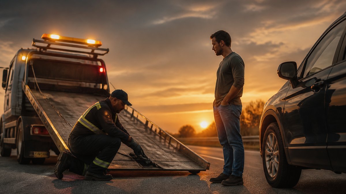Tow truck operator helping a relieved driver on a highway at dusk, providing the cheapest roadside assistance.