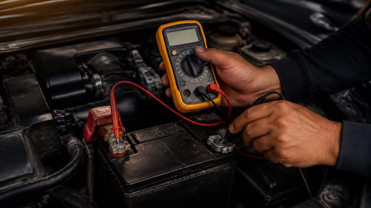 Close-up of a person's hands holding a digital multimeter with red and black probes touching the terminals of a car battery under the hood