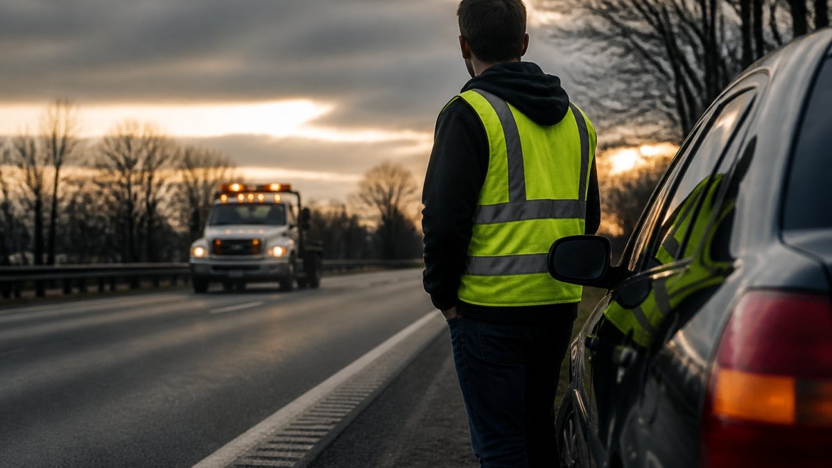 Driver safely standing outside their disabled vehicle on the roadside, wearing a reflective vest, with a tow truck approaching in the distance on a highway