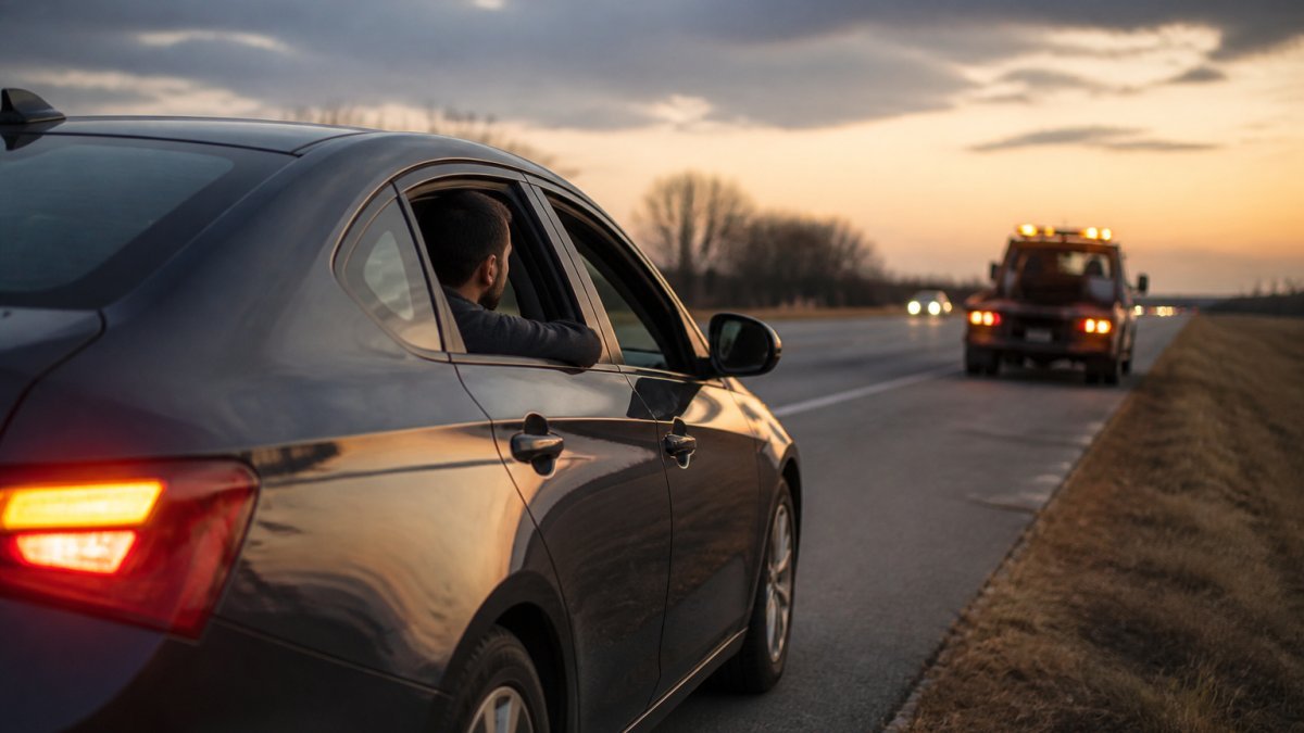 Driver sitting safely in a vehicle with hazards on while waiting for roadside assistance immediately on the highway