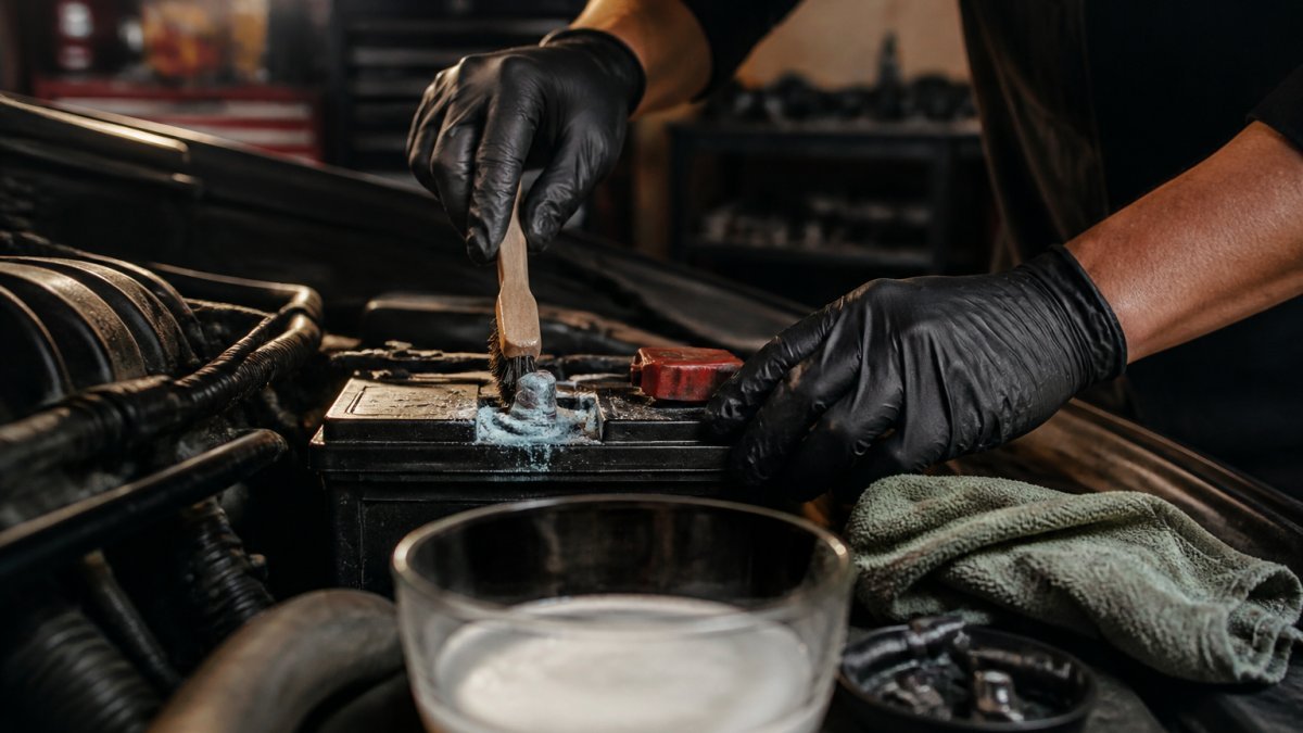 Person in protective gloves using a wire brush to clean battery terminals with a baking soda solution