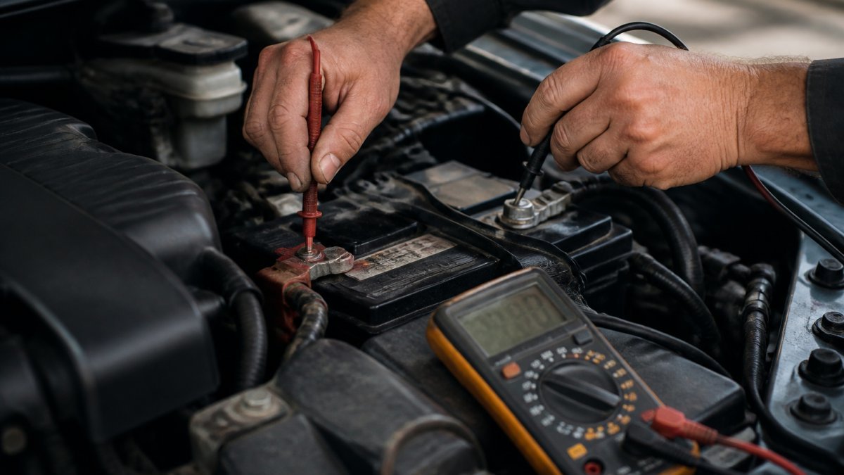 Mechanic using multimeter probes to test car battery voltage under the hood