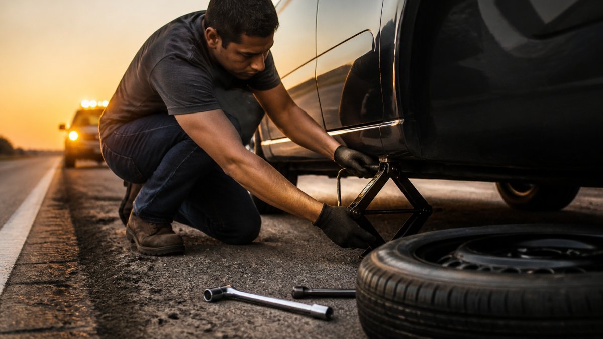 Close-up of a driver positioning a scissor jack under the reinforced jack point of a sedan on a highway shoulder, hazard lights glowing in the background, late afternoon light