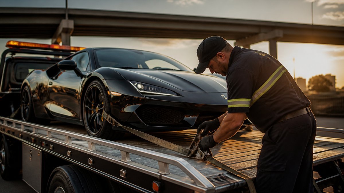 Towing company operator securing a low-clearance sports car on a flatbed truck under warm Oklahoma sunset light.