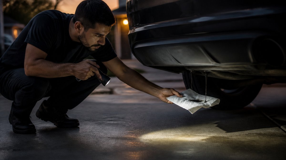 Person holding a paper towel under a car to inspect for transmission fluid leaks on a driveway at dusk
