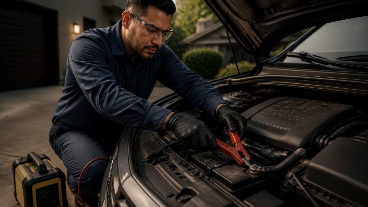 Person wearing safety gear attaches a red clamp to a terminal to charge a car battery in a residential driveway.