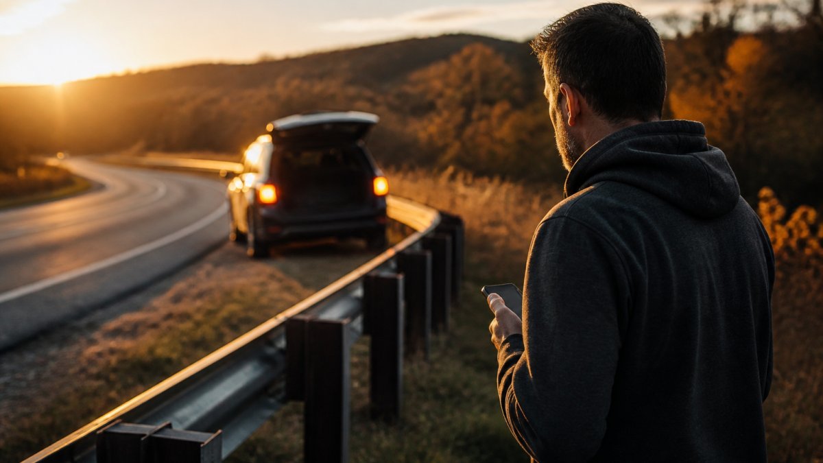 A driver standing safely behind a highway guardrail, phone in hand, with their vehicle parked on the shoulder with hazard lights flashing in the background. ### The Breakdown Decision Tree Before you touch the door handle, run this in order. It takes about ten seconds and is the most useful habit we can teach a driver. 1. **Is the car in a live lane?** If yes, stay buckled, call 911, and do not exit unless the car is on fire. 2. **Can you roll to a shoulder, exit ramp, or parking lot?** Get as far from live lanes as you can, an exit ramp or business lot beats a narrow shoulder. 3. **Is there a physical barrier between you and traffic?** A guardrail, concrete median, or bridge parapet changes the math. If one exists, get behind it. If none exists, stay in the car. 4. **How fast is traffic moving and how far can drivers see you?** On I-44, US-169, or the [Broken Arrow