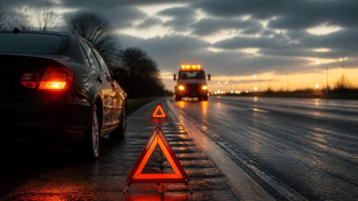 Driver waiting safely in a car with hazard lights as peace of mind roadside assistance approaches on the highway