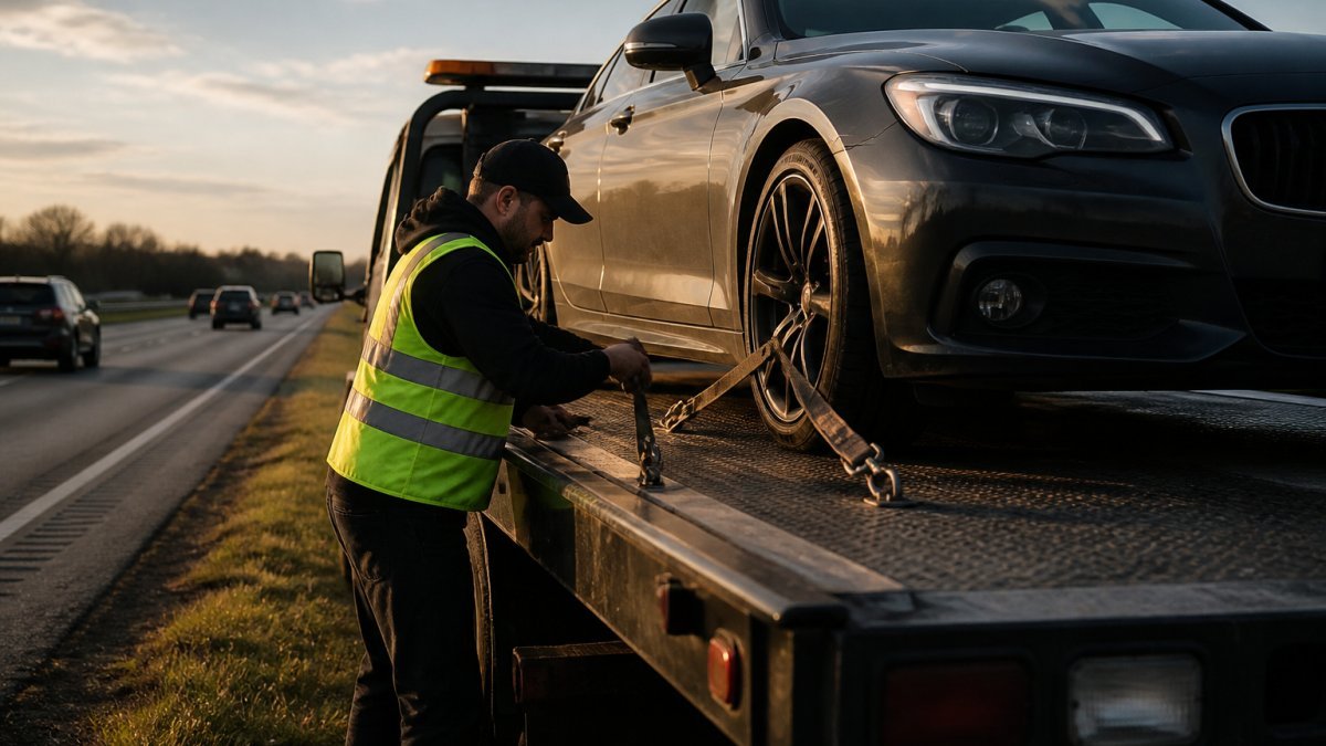 Tuff Truck Towing vs Miklos operator securing a low-clearance sedan to a flatbed truck on an Oklahoma roadside