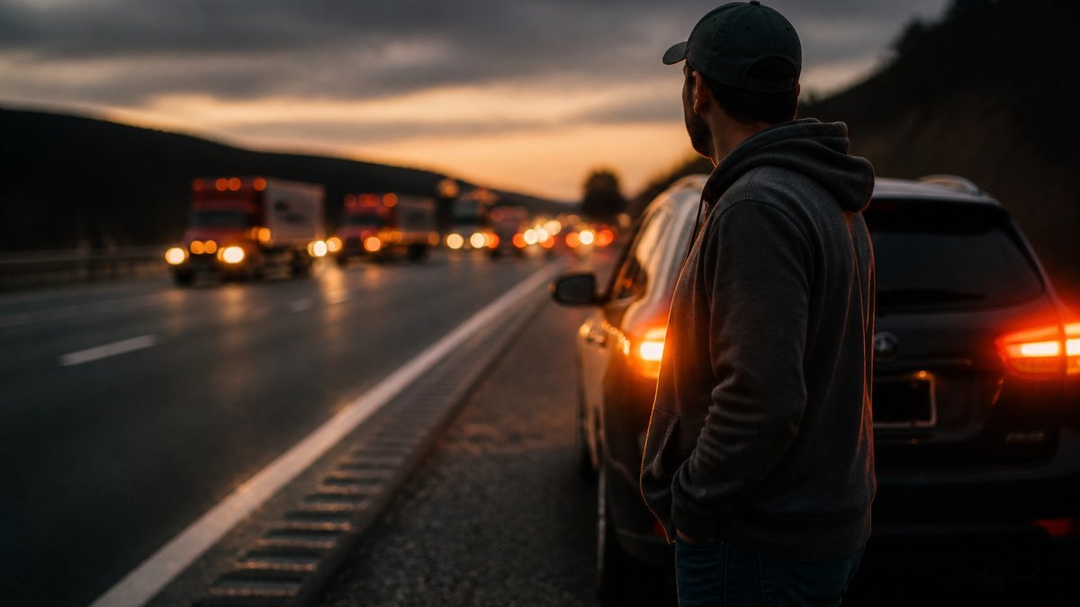 A cinematic shot of a stranded driver standing safely on the shoulder of a highway at dusk, hazard lights glowing on the car behind them, traffic blurred in the background